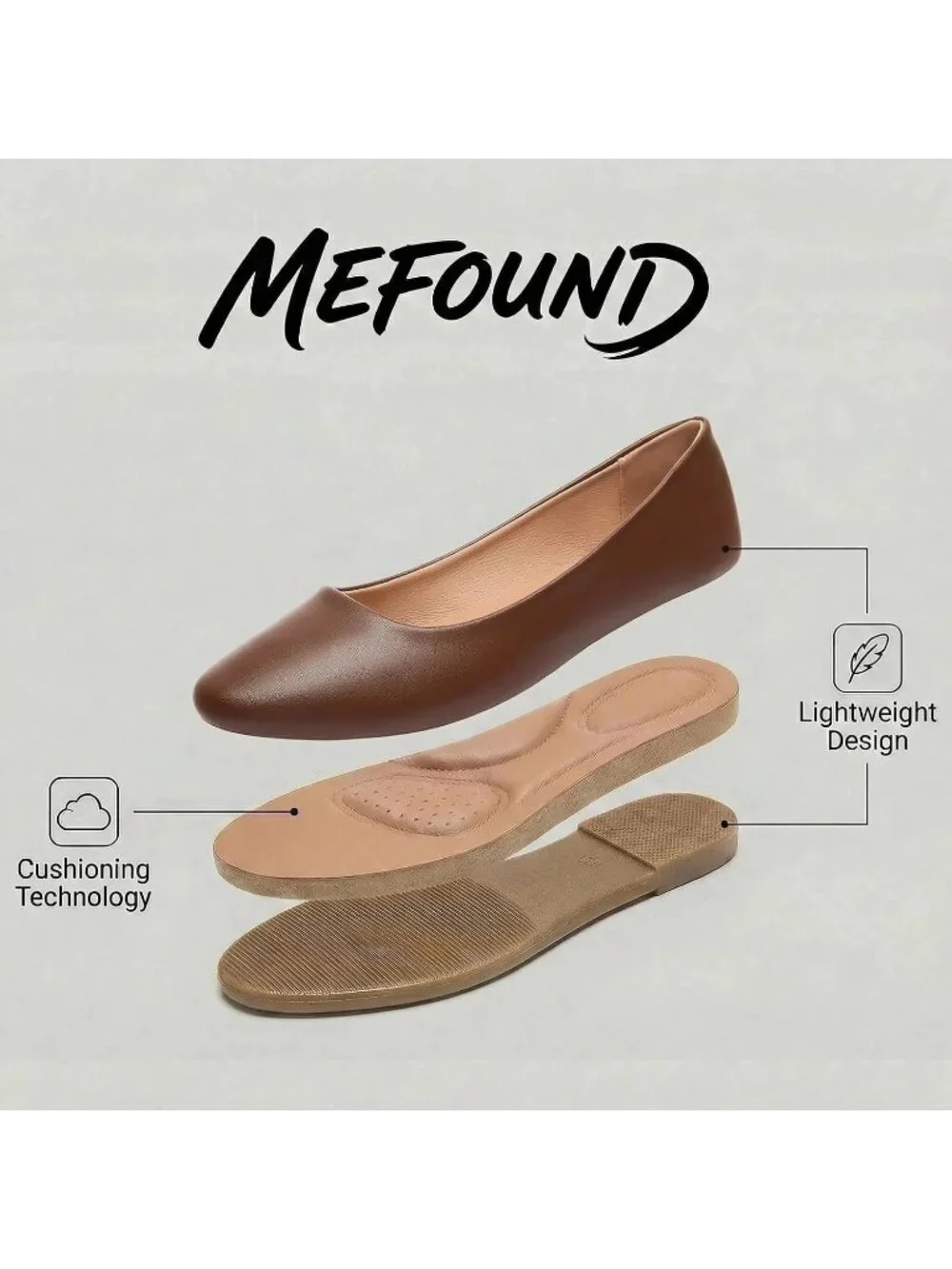 Women's Brown PU Leather Comfortable Ballet Flats Slip on Round Toe Casual Shoes